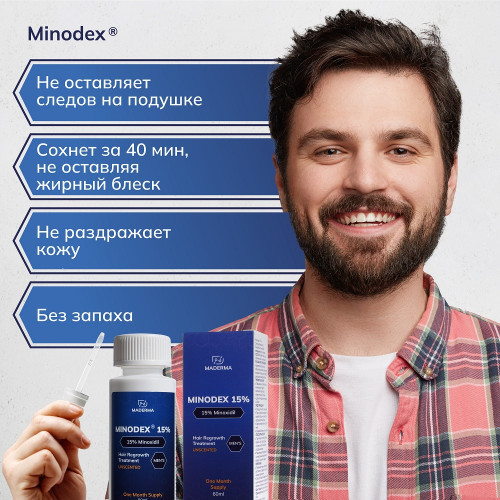 Лосьон для роста волос и бороды Minodex 15%, 6 флаконов и мезороллер